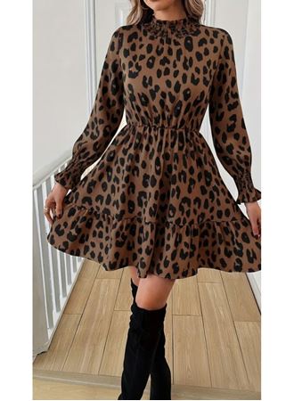 Kadın Uzun Kollu Yarı Balıkçı Yaka Leopar Desenli Modal Mini Elbise