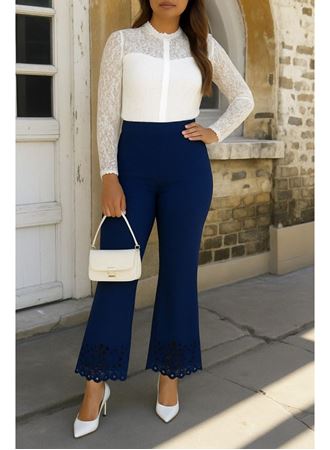 Kadın Yüksek Bel Paçaya Doğru Genişleyen Lazer çiçek Kesim Detaylı Ithal Krep Pantolon