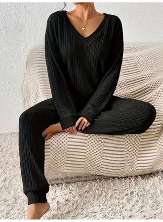 Kadın Uzun Kollu V Yakalı Kaşkorse Bluz Ve Pantolon Ikili Takım