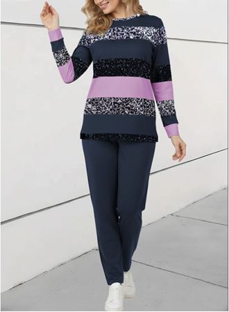 Kadın Uzun Kollu Bisiklet Yaka çizgili Desen Iki Iplik Bluz Ve Pantolon Ikili Takım