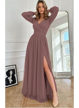 Kadın Uzun Kollu Kruvaze Yakalı Belden Kuşaklı Tüllü Uzun Ithal Krep Elbise