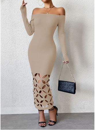 Kadın Madonna Yaka Uzun Kollu Lazer çiçek Kesim Detaylı Uzun Ithal Krep Elbise