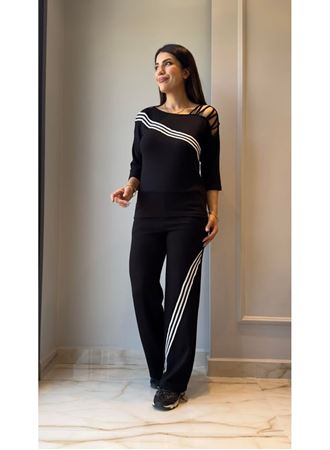 Kadın Uzun Kollu Truvakar Kol Tek Omuz çapraz şerit Detaylı Ribanalı Viskon Iki Iplik Bluz Ve Pantolon Ikili Takım