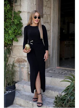 Kadın Uzun Kollu önden çapraz Detaylı Yandan Toka Detaylı Uzun Sandy Elbise