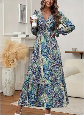 Kadın Uzun Kollu Kruvaze Yakalı Desenli Süprem Maxi Elbise