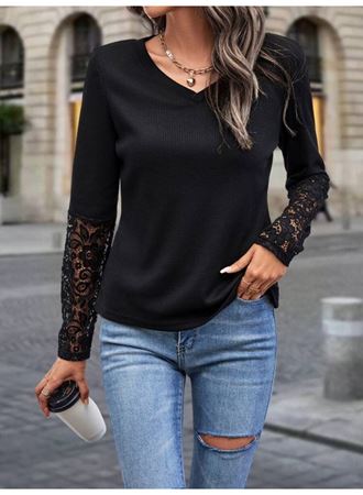 Kadın Uzun Kollu V Yakalı Dantelli Waffle Bluz