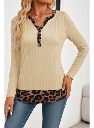 Kadın Uzun Kollu Yakadan Düğmeli Leopar Detaylı Kaşkorse Bluz