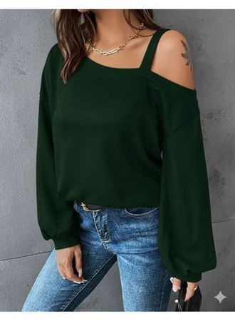 Kadın Uzun Kollu Tek Omuz Askı Detay Salaş Viskon Iki Iplik Bluz