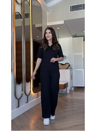 Kadın Kısa Kollu Yakalı Viskon Iki Iplik Bluz Ve Pantolon Ikili Takım