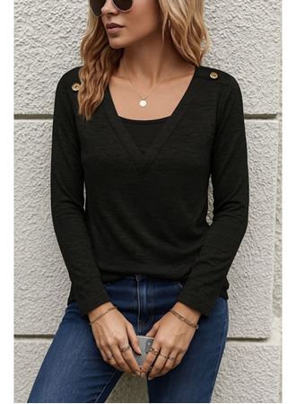Kadın Uzun Kollu V Yaka Düğme Detaylı Yumoş Bluz