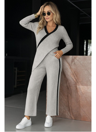 Kadın Uzun Kollu V Yakalı çapraz Detaylı şardonlu Kaşkorse Bluz Ve Pantolon Ikili Takım