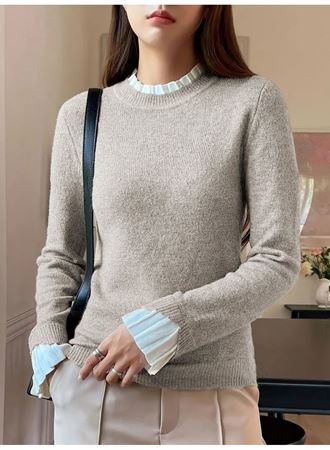 Kadın Uzun Kollu Fırfırlı Yakalı Triko Krem Bluz