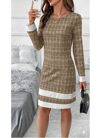 Kadın Uzun Kollu Yuvarlak Yaka Etek Ucu şerit Detaylı Mini Dokuma Elbise
