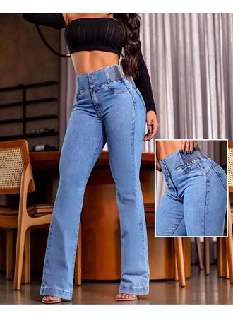 Kadın Yüksek Bel Yanları Lastik önü Düğmeli Kot Pantolon