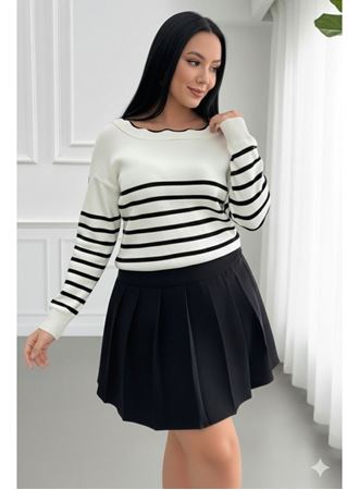 Kadın Beyaz Sırt Bağlama Detaylı çizgi Desen Triko Bluz