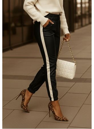 Kadın Yüksek Bel Lastikli Yan şerit Detaylı Deri Pantolon