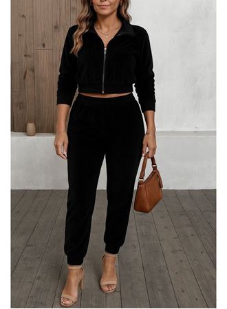 Kadın Uzun Kollu önden Fermuarlı Krop Kadife Ceket Ve Pantolon Ikili Takım