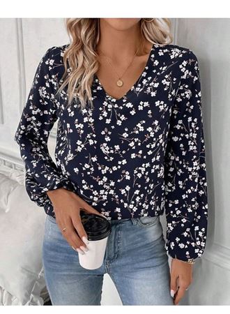 Kadın Uzun Kollu V Yakalı çiçek Desenli Modal Bluz