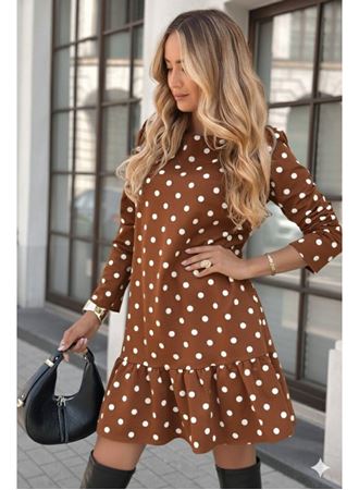 Kadın Uzun Kollu Bisiklet Yaka Fırfırlı Puantiyeli Kısa Modal Elbise