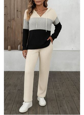 Kadın Uzun Kollu Kapşonlu Bağcıklı Blok Renkli şardonlu Kaşkorse Bluz Ve Pantolon Ikili Takım