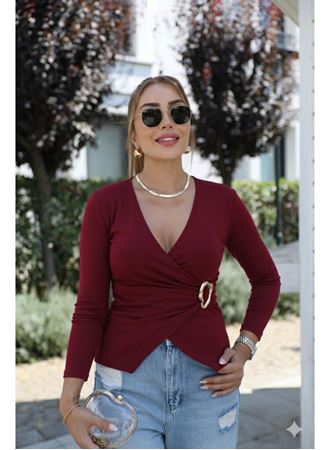 Kadın Uzun Kollu Kruvaze Yakalı Toka Detaylı Viskon Bluz