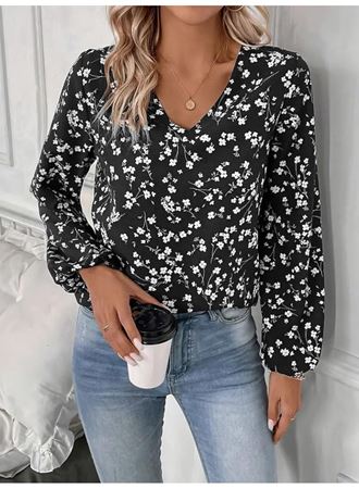 Kadın Uzun Kollu V Yakalı çiçek Desenli Modal Bluz