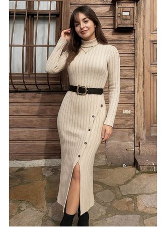 Kadın Uzun Kollu Balıkçı Yaka Yırtmaçlı Düğmeli şardonlu Kaşkorse Elbise