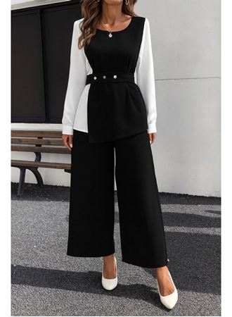 Kadın Uzun Kollu Açık Yakalı çift Renkli Kemerli Ithal Krep Ikili Takım