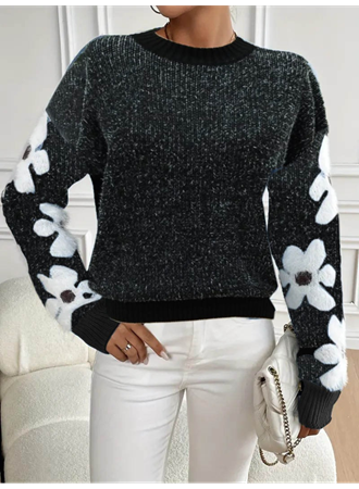 Kadın Uzun Kollu Bisiklet Yaka çiçek Desenli Triko Bluz