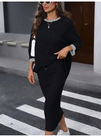 Kadın Uzun Kollu Yakası Açık şardonlu Kaşkorse Bluz Ve Eteği Bağcıklı Ikili Takım