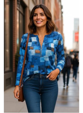 Kadın Uzun Kollu Yakadan Fermuarlı Kot Görünüm Desenli Uzun Modal Bluz