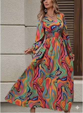 Kadın Uzun Kollu V Yakalı Desenli Maxi Süprem Elbise