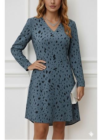 Kadın Uzun Kollu V Yakalı Desenli Kısa Keten Elbise