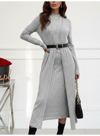 Kadın Uzun Kollu Yarı Balıkçı Yaka şardonlu Kaşkorse Elbise Ve Uzun Hırka Ikili Takım