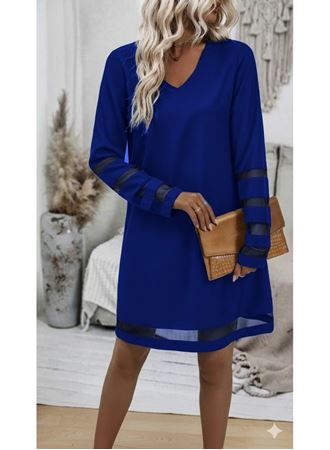 Kadın Uzun Kollu V Yakalı Tül şerit Detaylı Mini Krep Elbise