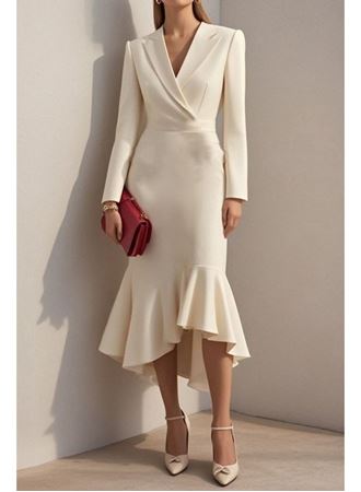 Kadın Uzun Kollu Yakalı Belden Oturtmalı Midi Ithal Krep Elbise