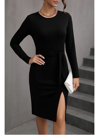 Kadın Uzun Kollu Bisiklet Yaka Kuşaklı Kruvaze Yırtmaç Detay Viskon Elbise