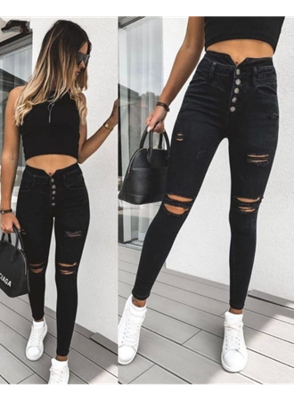 Kadın 5 Düğmeli V Detay Bel Yırtık Kot