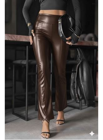 Kadın Yüksek Bel Paçaya Doğru Geniş Deri Pantolon