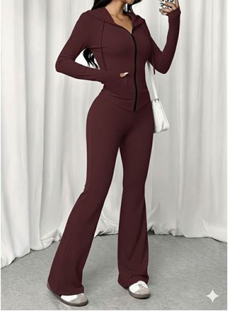 Kadın Uzun Kollu Kapşonlu Bağcıklı önü Fermuarlı Viskon Iki Iplik Bluz Ve Pantolon Ikili Takım