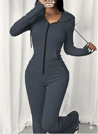 Kadın Uzun Kollu Kapşonlu Bağcıklı önü Fermuarlı Viskon Iki Iplik Bluz Ve Pantolon Ikili Takım