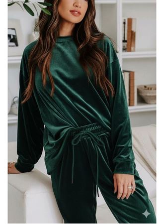 Kadın Uzun Kollu Yuvarlak Yakalı Kadife Bluz Ve Pantolon Takım
