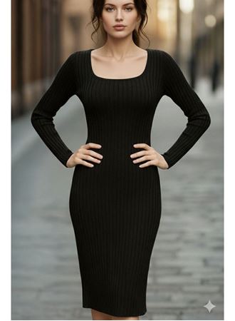 Kadın Uzun Kollu Kare Yakalı Midi şardonlu Kaşkorse Elbise