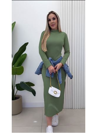 Kadın Uzun Kollu Balıkçı Yakalı Yanlardan Yırtmaçlı Kaşkorse Maxi Elbise