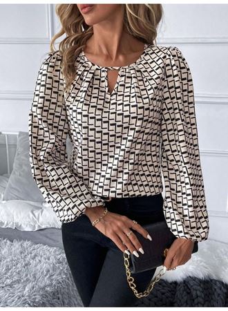 Kadın Uzun Kollu Damla Detaylı Yaka Desenli Süprem Bluz