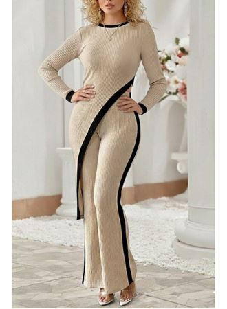 Kadın Uzun Kollu Bisiklet Yaka Asimetrik Kesim Bluz şardonlu Kaşkorse Bluz Ve Pantolon Ikili Takım