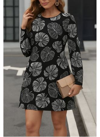 Kadın Uzun Kollu Bisiklet Yaka Desenli Kısa Krep Elbise