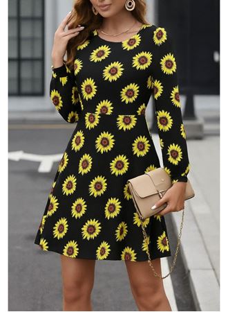 Kadın Uzun Kollu Bisiklet Yaka Desenli Kısa Krep Elbise