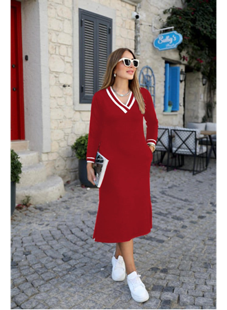 Kadın Uzun Kollu V Yakalı Yandan Yırtmaçlı Iki Iplik Midi Elbise