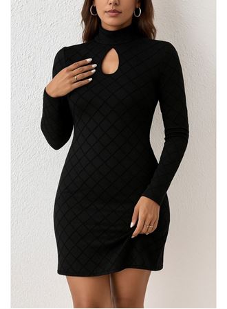 Kadın Uzun Kollu Damla Detay Flok Baskı Dalgıç Mini Elbise